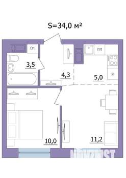 2-к квартира, строящийся дом, 34м2, 3/23 этаж