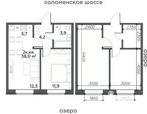2-к квартира, строящийся дом, 38м2, 1/25 этаж