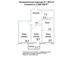 3-к квартира, строящийся дом, 57м2, 9/16 этаж