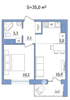 2-к квартира, строящийся дом, 35м2, 15/19 этаж