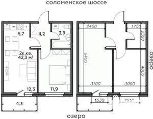 2-к квартира, строящийся дом, 42м2, 8/25 этаж