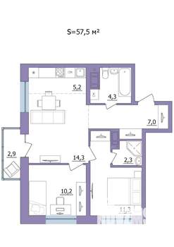 3-к квартира, строящийся дом, 58м2, 14/23 этаж