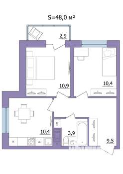 2-к квартира, строящийся дом, 48м2, 11/23 этаж