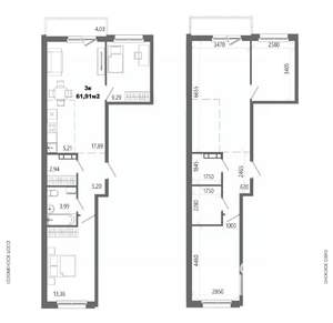 3-к квартира, строящийся дом, 61м2, 5/14 этаж