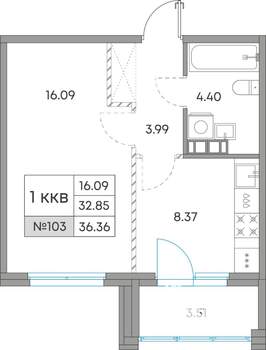 1-к квартира, вторичка, 36м2, 4/7 этаж