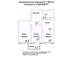 3-к квартира, строящийся дом, 57м2, 3/16 этаж