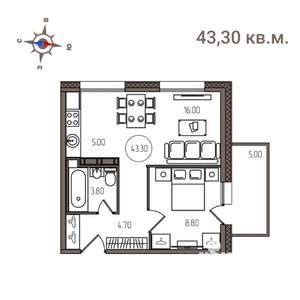 2-к квартира, строящийся дом, 43м2, 5/9 этаж