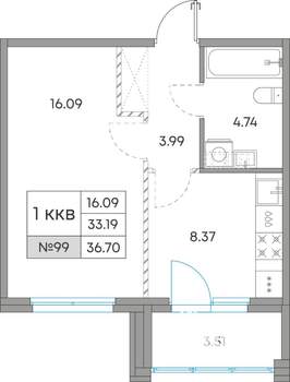 1-к квартира, вторичка, 37м2, 3/7 этаж
