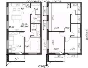 3-к квартира, строящийся дом, 62м2, 18/21 этаж