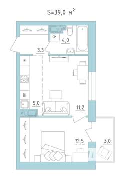 2-к квартира, строящийся дом, 39м2, 12/24 этаж