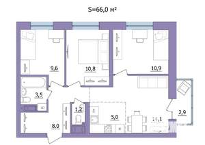 4-к квартира, строящийся дом, 66м2, 4/23 этаж