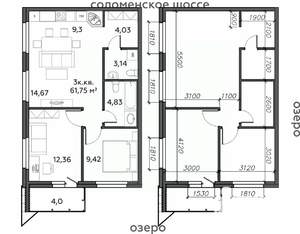 3-к квартира, строящийся дом, 62м2, 3/21 этаж