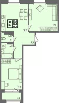 3-к квартира, строящийся дом, 66м2, 2/4 этаж