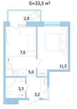 2-к квартира, строящийся дом, 34м2, 7/9 этаж