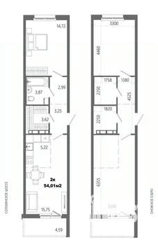 2-к квартира, строящийся дом, 54м2, 13/14 этаж