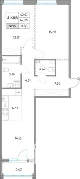 3-к квартира, вторичка, 72м2, 2/7 этаж