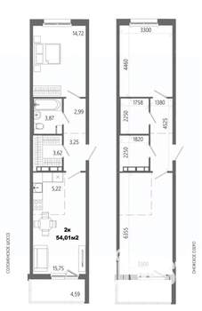 2-к квартира, строящийся дом, 54м2, 14/14 этаж