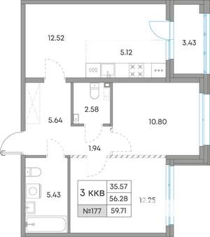 3-к квартира, вторичка, 60м2, 2/7 этаж