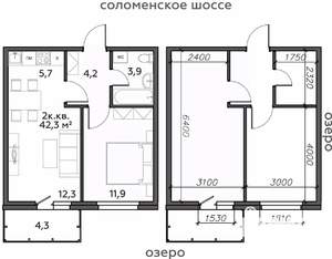 2-к квартира, строящийся дом, 42м2, 21/25 этаж