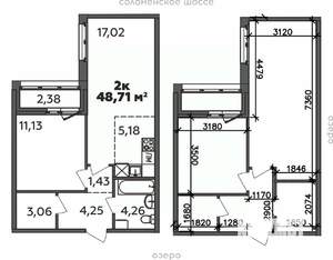 2-к квартира, строящийся дом, 49м2, 7/9 этаж