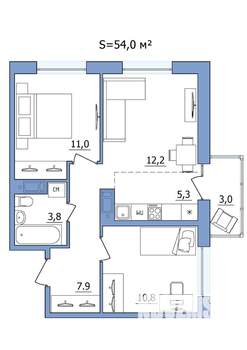 3-к квартира, строящийся дом, 54м2, 15/19 этаж