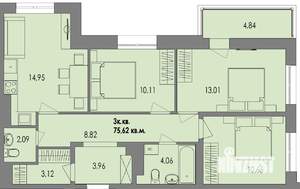 3-к квартира, вторичка, 76м2, 1/4 этаж