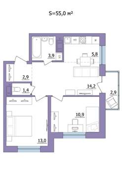3-к квартира, строящийся дом, 55м2, 7/23 этаж
