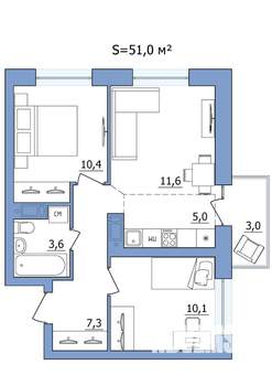 3-к квартира, строящийся дом, 51м2, 2/19 этаж