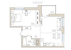 2-к квартира, строящийся дом, 58м2, 4/17 этаж