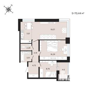 3-к квартира, строящийся дом, 70м2, 7/25 этаж