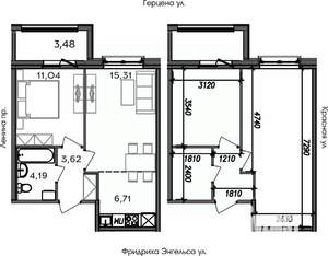 2-к квартира, строящийся дом, 44м2, 6/8 этаж