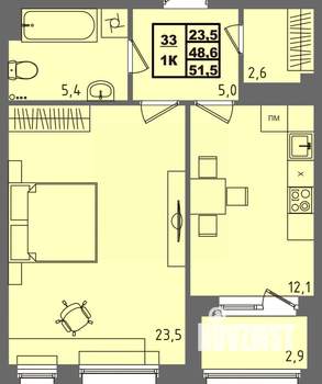 1-к квартира, вторичка, 52м2, 1/4 этаж