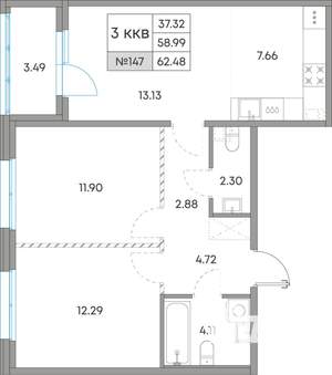 3-к квартира, вторичка, 62м2, 2/7 этаж