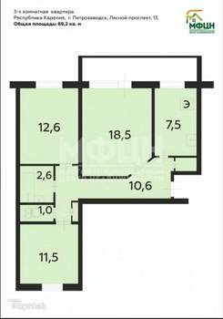 3-к квартира, вторичка, 69м2, 1/9 этаж
