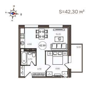 2-к квартира, строящийся дом, 42м2, 8/9 этаж
