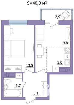2-к квартира, строящийся дом, 40м2, 11/23 этаж