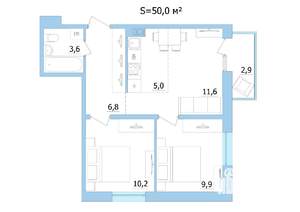 3-к квартира, строящийся дом, 50м2, 8/9 этаж