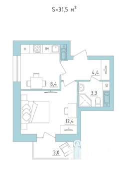 1-к квартира, строящийся дом, 32м2, 3/24 этаж