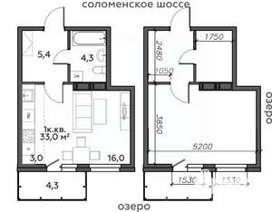 1-к квартира, строящийся дом, 33м2, 18/25 этаж