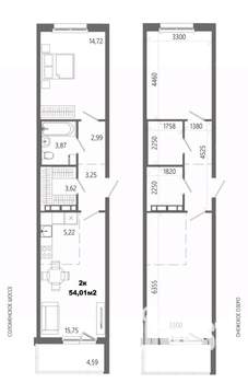 2-к квартира, строящийся дом, 54м2, 4/14 этаж