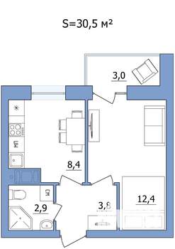 1-к квартира, строящийся дом, 31м2, 2/19 этаж