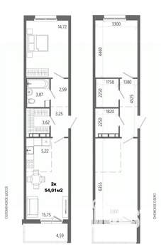 2-к квартира, строящийся дом, 54м2, 12/14 этаж