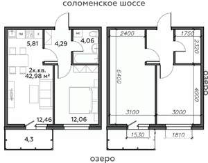 2-к квартира, строящийся дом, 43м2, 18/21 этаж
