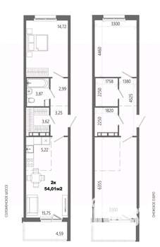 2-к квартира, строящийся дом, 54м2, 8/14 этаж