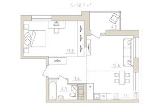 2-к квартира, вторичка, 59м2, 4/17 этаж