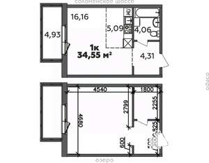 1-к квартира, строящийся дом, 35м2, 8/9 этаж