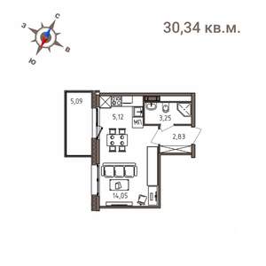 1-к квартира, строящийся дом, 30м2, 3/4 этаж