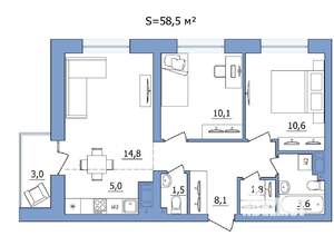 3-к квартира, строящийся дом, 59м2, 4/19 этаж