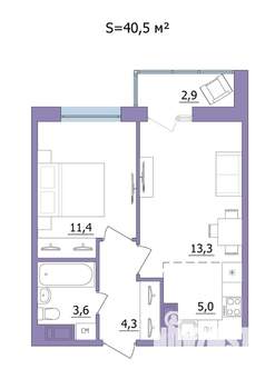 2-к квартира, строящийся дом, 41м2, 20/23 этаж
