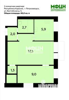 2-к квартира, вторичка, 40м2, 2/2 этаж